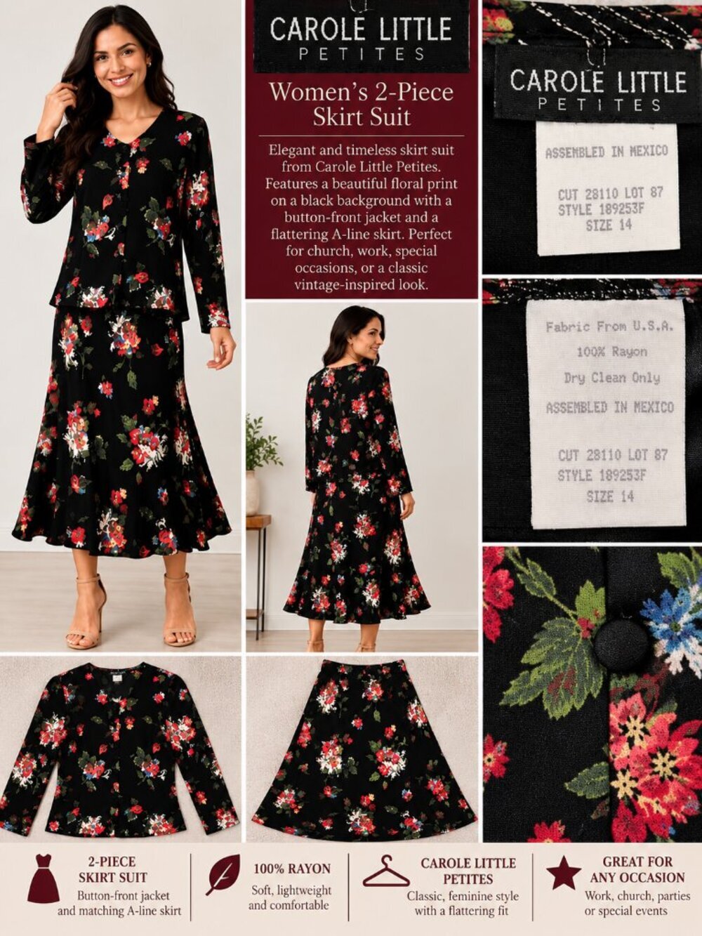 Vintage Carole Little Petites Black Floral 2 Piece Skirt Set Size 14